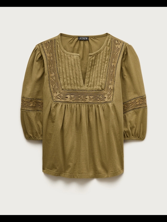 J. Crew Tops - J.Crew Lace Trim Pintuck Puff Sleeves Peasant Blouse, Small, Green